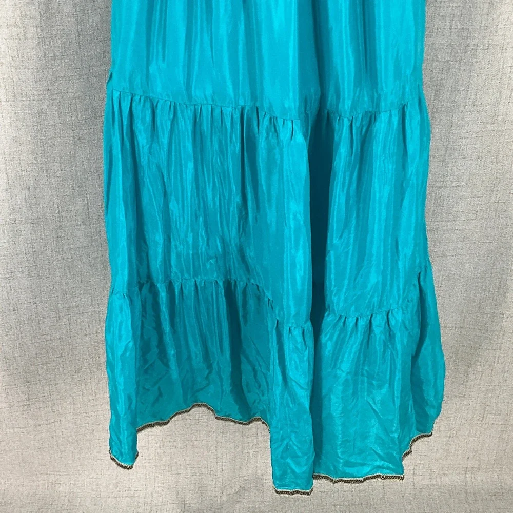 Maeve‎ Silk Maxi Dress Women Sz S Teal Blue 100% Silk Smocked Tiered Boho Halter